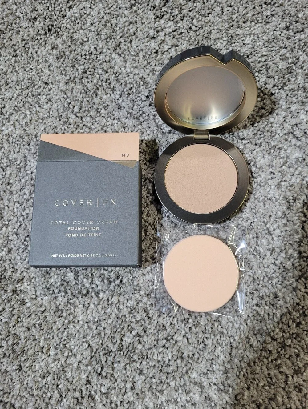 Cover FX Shade M3 Total Cover Cream Foundation + Sponge .29 Oz Makeup NEW